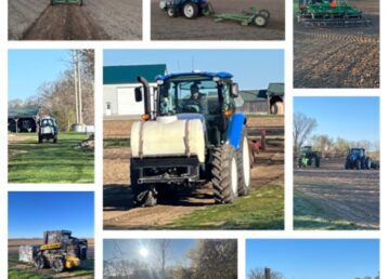 Collage of tractors working on farmland.